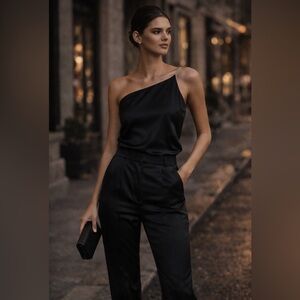One-Shoulder Black Jumpsuit – Rhinestone Strap sexy cocktail